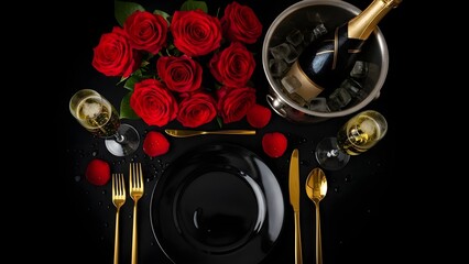 Romantic dinner setting with champagne, red roses, and black tableware on a dark background.