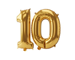 Golden balloons in number ten shape isolated on transparent background