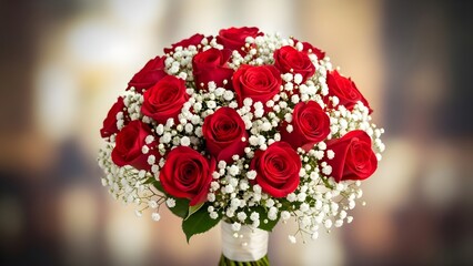 Beautiful bouquet of vibrant red roses and delicate baby&rsquo;s breath perfect for weddings and romantic celebrations.