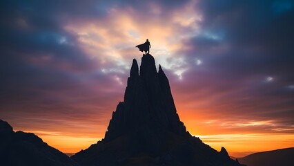 Silhouette of hero with cape standing on sharp mountain peak at dramatic sunset