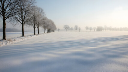 A serene snow-covered field with a line of bare trees disappearing into the morning mist