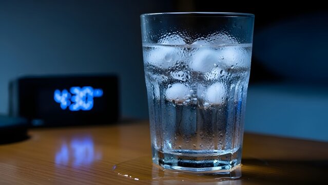 Glass of cold water with ice on nightstand near alarm clock at 4:30 AM