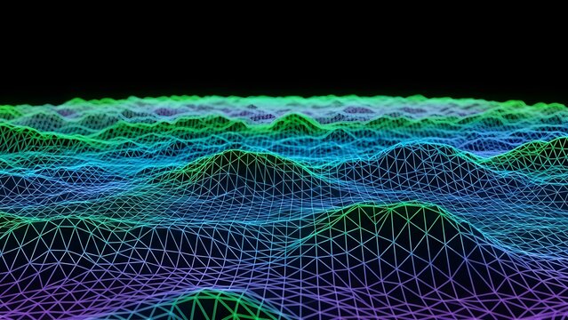 Vibrant 3D network landscape with glowing blue, green and purple nodes background