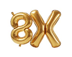 Gold balloon letters eight and x isolated on transparent background