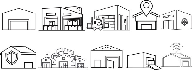 A comprehensive set of line art 10 icons depicting various warehouse types and logistics operations. © Yousha Jajan