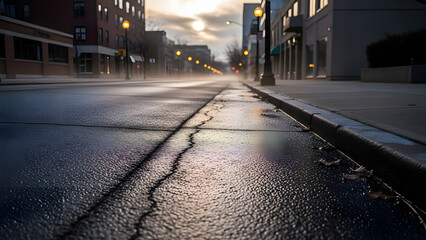 Low angle view of a cracked asphalt road reflecting streetlights on a misty morning