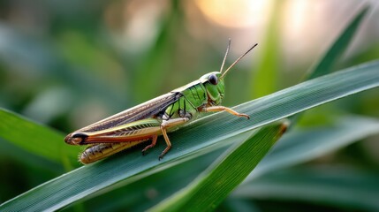 Fototapeta premium Close-up macro shot of a bright green grasshopper on a blade of grass, glowing in golden hour light. 