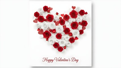 Beautiful heart made of red and white roses with scattered hearts for Valentine&rsquo;s Day greeting.