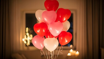 Romantic heart-shaped balloons float indoors near a softly lit window for valentines day celebration.
