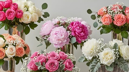 Beautiful assortment of colorful roses and peonies in vases, perfect for floral arrangements and springtime celebrations.
