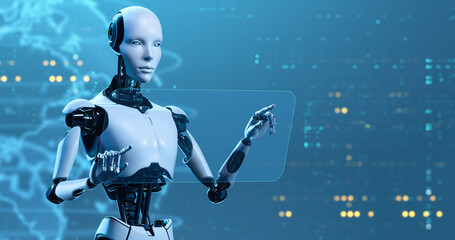 Robot Touching Virtual Screen. Futuristic Technology and Artificial Intelligence Concept