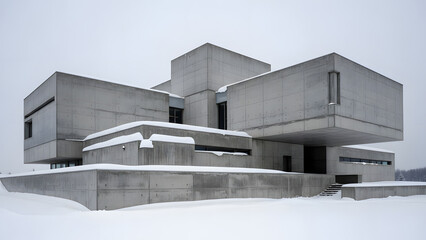 A modern architectural structure made of concrete blocks partially covered in snow under a grey sky