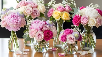 Beautiful assortment of colorful rose bouquets arranged in glass vases on a wooden table indoors.
