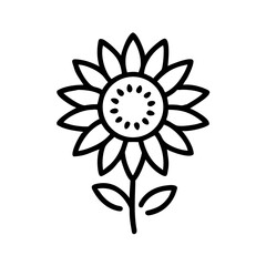 Outline of a sunflower with stem and leaves in black and white  