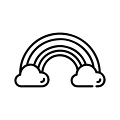 Line drawing of a rainbow arching over fluffy clouds  