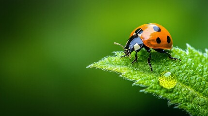 Fototapeta premium Ladybugs Perch A Macro View of Natures Tiny Jewel on Leaf with Water Drop.