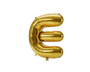 Gold shiny letter e balloon isolated on transparent background