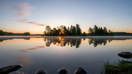 A serene sunrise over a calm lake with pine tree islands reflected perfectly in the misty water at dawn