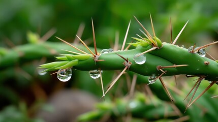 Extreme close-up of cactus spikes, with droplets of water glistening on the sharp thorns. 