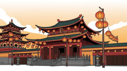Fototapeta premium A vibrant illustration of a traditional Chinese temple with pagoda roofs and lanterns