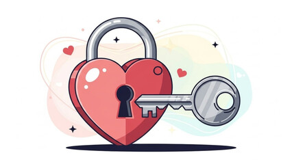 A heart-shaped lock with a key in front of a colorful background with hearts and stars