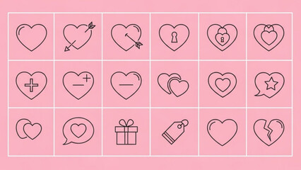 A collection of heart icons and symbols in a pink and white vector graphic design