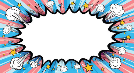 Energetic pop art style blank rectangular frame surrounded by colorful comic book explosions, stars, and dynamic sunburst rays.
