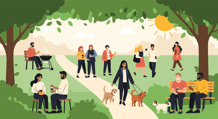 Diverse group of people enjoying leisure activities in a sunlit park including walking dogs, sitting on benches, and having a picnic.