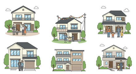 Comprehensive set of modern Japanese residential house designs with diverse families standing in front of their respective homes.