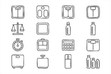 Bathroom Scale and Weight Measurement Line Icons for UI Design