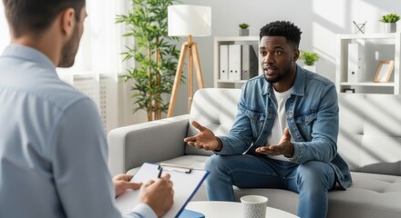 An African American man in a denim jacket is actively gesturing during a therapy session while sitting on a gray sofa, with a therapist taking notes.