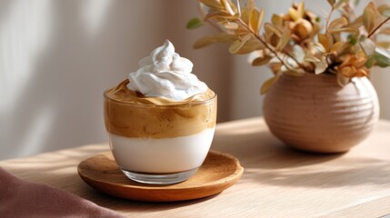 Homemade dalgona coffee with fluffy whipped foam, aesthetically styled with warm tones and minimal background. 