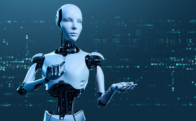 Futuristic Robot Hand Gesturing and Presenting Empty Space on Digital Background