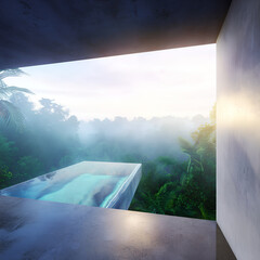 Cantilevered glass infinity pool over misty tropical jungle
