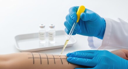 Close up image of an allergy test being performed on a patient's arm with grid marks. A doctor in blue gloves uses a dropper with glass vials on a white surface.