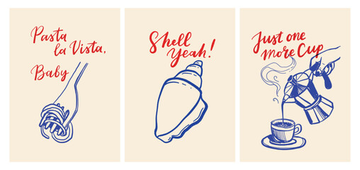 Humorous Pun Illustrations Featuring Pasta Baby Shell and Coffee Cup.