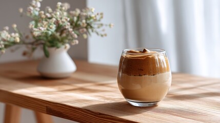 Minimalist style dalgona coffee in a glass cup on wooden table with natural light and cozy atmosphere. Trendy homemade whipped drink. 
