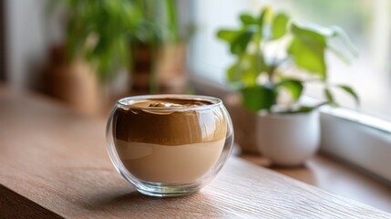 Minimalist style dalgona coffee in a glass cup on wooden table with natural light and cozy atmosphere. Trendy homemade whipped drink. 