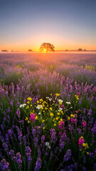 Obraz premium Golden Sunrise Illuminating a Serene Lavender Field and Lone Tree in the Mist