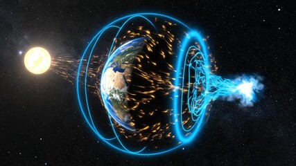 3D animation showing Earth's magnetic field, or magnetosphere, deflecting harmful solar wind and radiation particles from the sun to protect the planet - Powered by Adobe