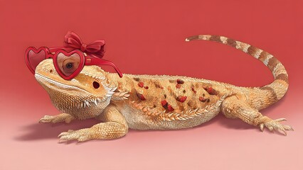 Exotic bearded dragon lizard relaxing stylishly on rich red velvet cushion wearing trendy heart-shaped sunglasses and festive bow tie in a captivating cartoon vector pose ideal for emerging reptile pe