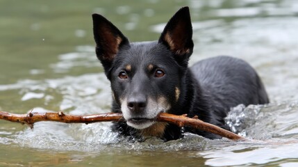 Playful Australian Kelpie splashing in water while retrieving a wooden stick 