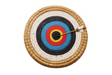 Archery target with arrow hitting bullseye, symbolizing precision, aiming, success, goal achievement on transparent background