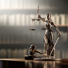 Legal Concept: Themis is the goddess of justice and the judge's gavel hammer as a symbol of law and order on the background of books
