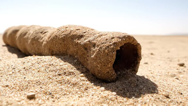 Close-up of a fulgurite tube, a natural formation from a lightning strike, half-buried in the sand of a vast, arid desert under a bright, clear sky