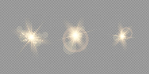 Set. Shining star, the sun particles and sparks with a highlight effect, golden bokeh lights glitter and sequins. On a dark background transparent. Vector, EPS10
