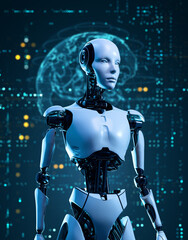 Futuristic Cyborg Robot on Digital Globe Earth Representing Artificial Intelligence Technology