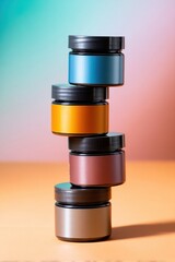 Stack of wellness supplement jars with sleek packaging design on gradient background 