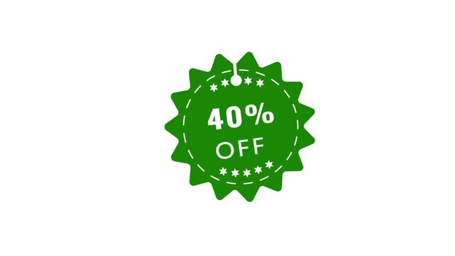 A vibrant green starburst shaped tag with white text reading 40% OF is displayed on a clean white background, representing a promotional discount or sale offer