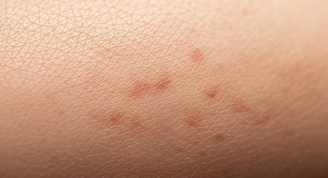 Macro shot of light skin showing small red rash patches, detailing the texture and skin tone. Focus on skin irritation, allergy symptoms, and dermatology close-up.
